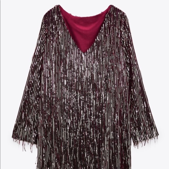 NWT Zara Fringe Sequin Mini Dress, Burgundy - Picture 2 of 5